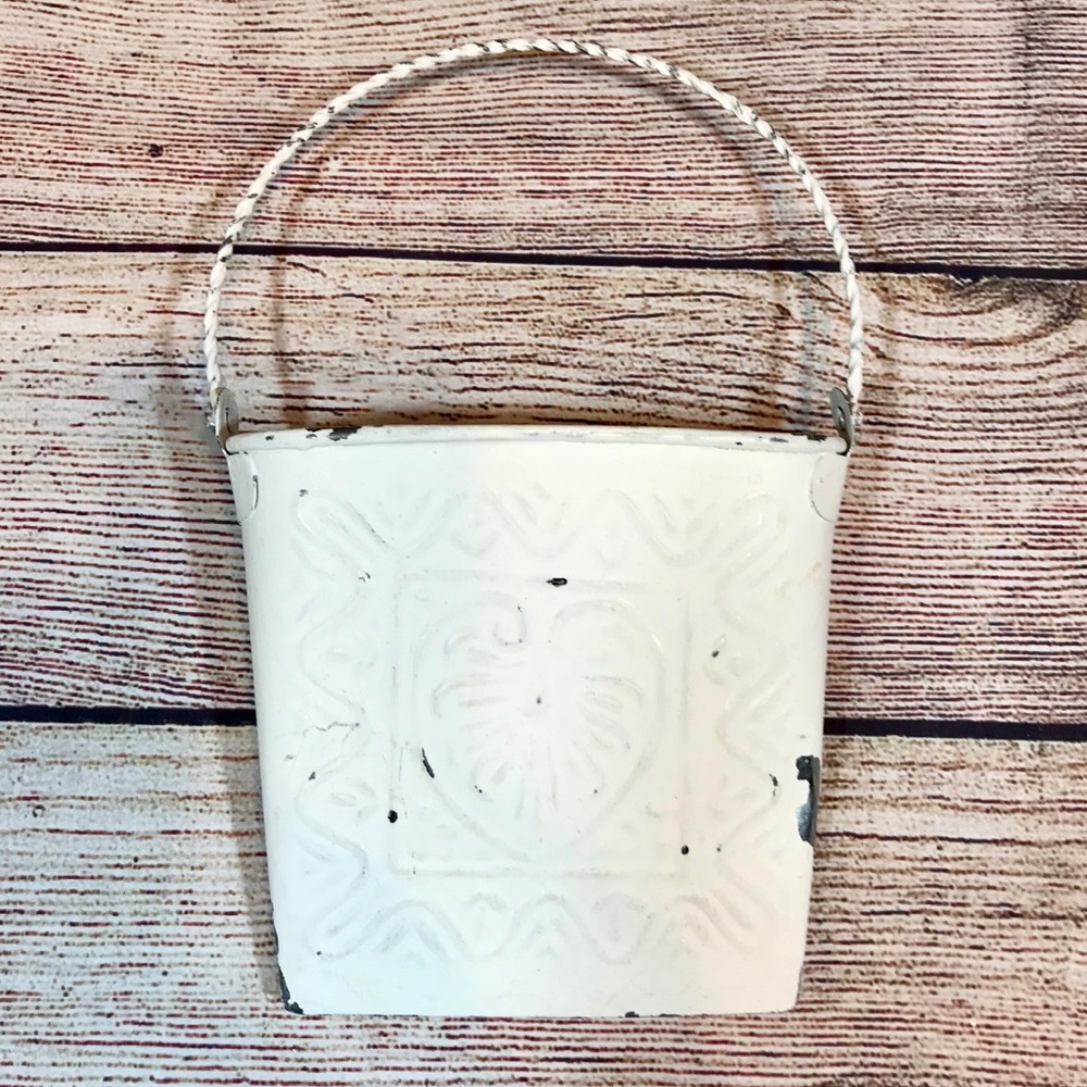 SALE‼️ vintage antique style metal tin pocket hanger white cream door wall boho